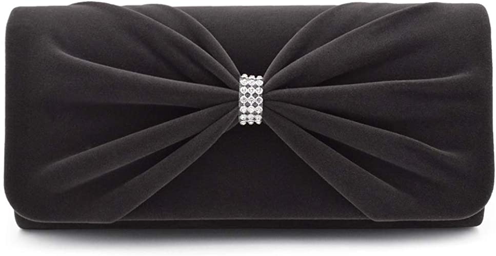 Elegant Rhinestone Bow Front Velvet Clutch Evening Bag Handbag -Diff Colors