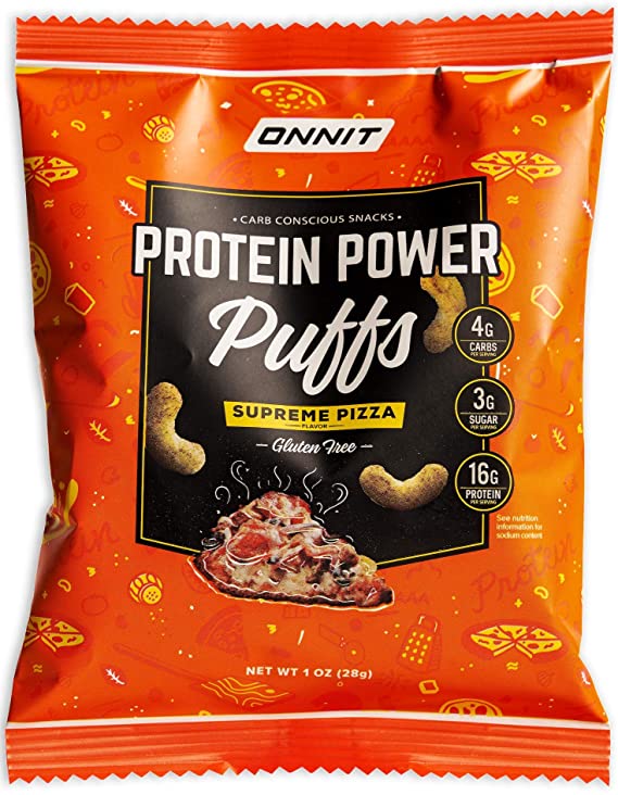 ONNIT Protein Power Puffs - Keto Friendly, Low Carb Snacks - Supreme Pizza Flavor - Gluten Free - 16g Protein & Only 4g Carbs - 8 Pack
