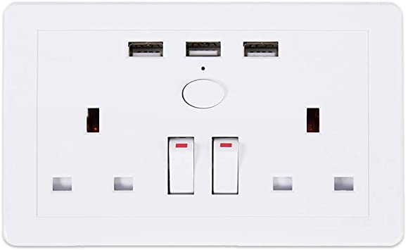 Electric Wall Socket Outlet Charger 2 Gang 13A with 3 x USB Charger Ports Power Double Pole Switched Socket