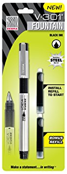 Zebra V-301 Stainless Steel Fountain Pen with Refill, Black, 1-Pack(48111)