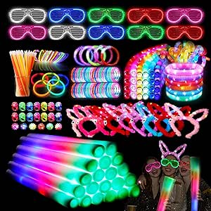 138Pcs Glow Party Supplies,10Pcs Foam Glow Sticks,50Pcs Glow Sticks,10Pcs LED Glasses,10Pcs LED Bunny Ear Headband,20Pcs LED Ring,18Pcs Pop Tubes,20 LED Bracelet,Glow in the Dark Light Up Party Favors