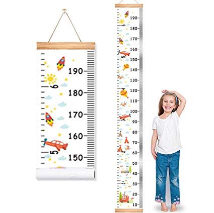 MIBOTE Baby Growth Height Chart, Canvas and Wood Handing Removable Wall Ruler for Kids, Wall Decor (79" x 7.9", Cartoon Patterns)