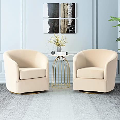 HULALA HOME Swivel Accent Chair with Gold Metal Base, Set of 2 Contemporary Velvet Curved Swivel Barrel Chair, Upholstered Club Armchair, Leisure Single Sofa for Living Room, Nursery, Bedroom(TAN)