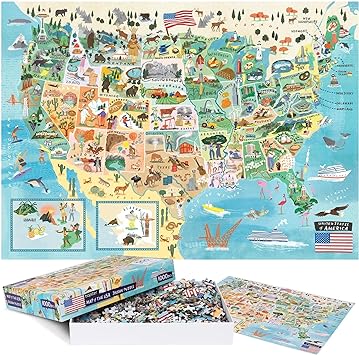 Puzzles for Adults 1000 Pieces - Illustrated US Map Puzzle - United States 1000 Piece Puzzle for Adults and Kids Puzzles - 100% Recycled Cardboard USA Jigsaw by bopster