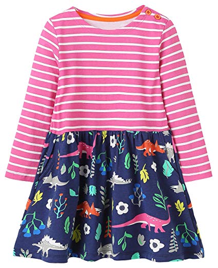 Fiream Toddler Girls Cotton Party Casual Striped Longsleeve Dresses