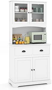 Giantex 67" Pantry Organizers, Freestanding Tall Buffet Cabinet with Hutch and 2 Drawers, Wooden Cupboard with Glass Doors, Storage Sideboard for Kitchen Bathroom Living Room (White)