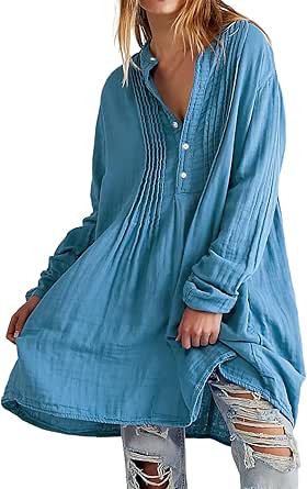 R.Vivimos Women's Tunic Dress Fall Cotton Button Down Long Sleeves Casual Mini Shirt Dress