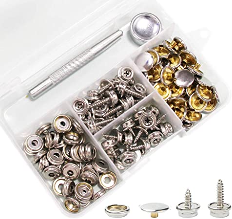 Snaps Kit for Boat Cover, 120pcs Canvas Screws Snaps Buttons Tool Marine Grade Sewing Fastener with 2Pcs Setting Tool
