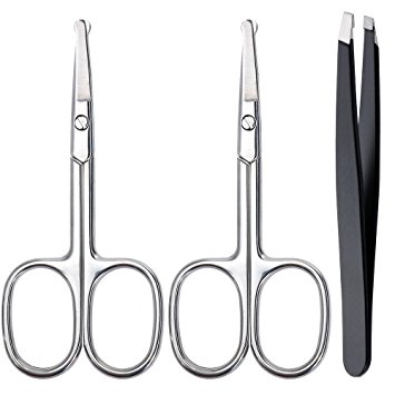 Lictin 2 Pack Facial Hair Scissors with a Slant Tweezer,Nose Hair Scissors Eyebrow Trimmer Eyelashes Ear hair Moustache Beard Scissors with Stainless Steel Slant Tip Eyebrow Tweezer(black)