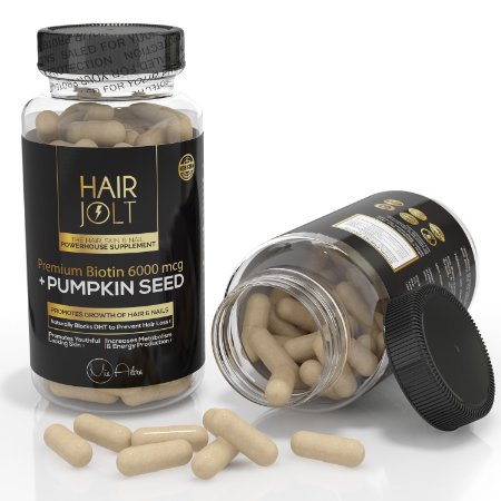 HAIR JOLT - Extra Strength Biotin & Pumpkin Seed - Best Hair, Skin, & Nail Formula Supplement. Great for Thinning Hair, Fragile Nails, & Aging Skin. Gluten-Free, NON-GMO