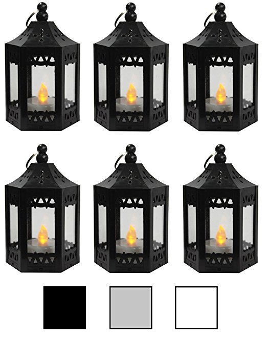 6pc Mini Black Candle Lanterns with Flickering LED Tea Light Candle, Batteries Included