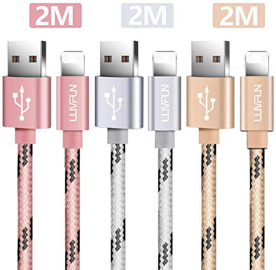 Luvfun Charger Cable for iPhone, [2M-3Pack] Nylon Braided Fast Charger Cable Compatible with iPhone XS X 8 8 Plus 7 7 Plus 6s 6s Plus 6 6 Plus iPad iPod (Rose Gold Silver Gold)