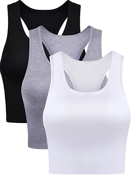 BOAO 3 Pieces Cotton Basic Sleeveless Racerback Crop Tank Top Sports Crop Top Women Lady Girls, 3 Colors