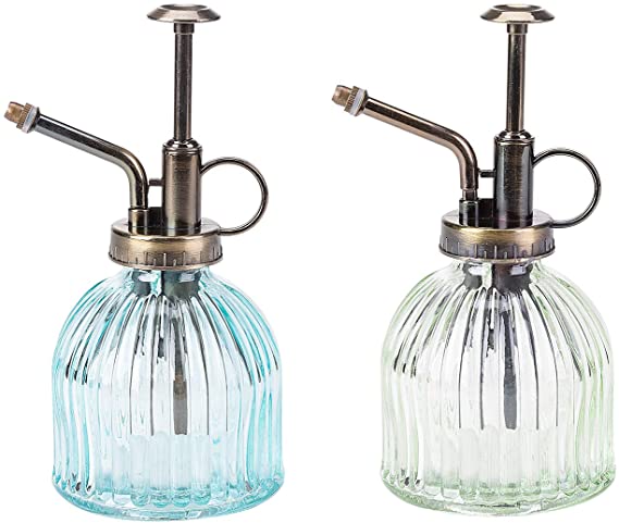 SUNNOW Vastto 2 Pack Exquisite Glass Plant Mister Spray Bottle with Plastic Imitation Bronze Top Pump (Aqua and Azure)