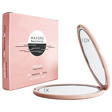 Magnifying Compact Mirror - 10X Magnification Mirror and 1X Mirror - 4 inch Diameter, Travel, Compact Makeup Mirror for Purses by Mavoro Beauty Essentials (Millennial Pink)