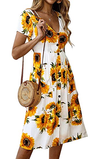 Angashion Women's Dresses- Summer Boho Sunflower Button V Neck Short Sleeve Midi Skater T Shirt DressWith Pockets