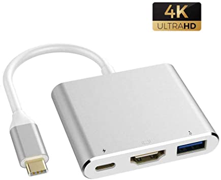 USB C to HDMI Adapter, 4K USB Type-C (Thunderbolt 3 Compatible) Multiport Hub, 3 in 1 with HDMI Port, USB 3.0 Port and USB C Fast Charging Port, Compatible with MacBook, Samsung S/NOTE10 (Silver)