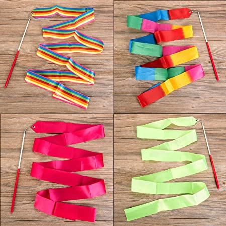 4 Pack 2-Meter Dance Ribbons, Rainbow Streamers Rhythmic Gymnastics Ribbon, Baton Twirling Wands on Sticks for Kids Artistic Dancing