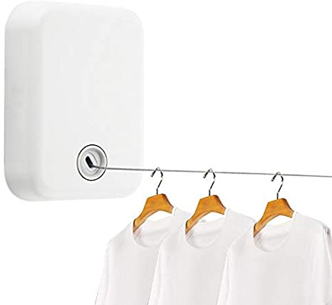 Retractable Clothesline Indoor Heavy Duty, Adjustable Clothing Rope, Line Wall Mounted Laundry Drying String, Hotel Style Clothesline, Retracting Hanging Clothing Drying Rack (White)