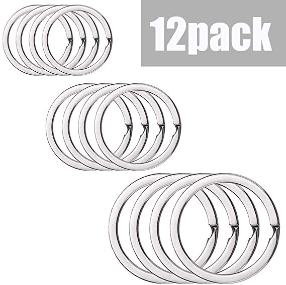 Key Chain Rings - Round Flat Metal Keychains Assorted Sizes for Home Office Organization - 12pack Silver