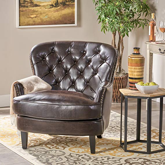 Christopher Knight Home Alfred Tufted Bonded Club, Contemporary Lounge Accent Chair, Brown Leather