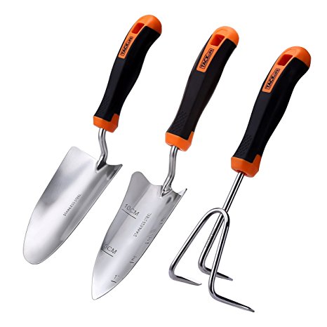 Garden Tools Set, 3 Piece Stainless Steel Heavy Duty Gardening kit with Soft Rubberized Non-Slip Handle -Trowel, Transplant Trowel and Cultivator - Garden Gifts Tacklife GGT1A