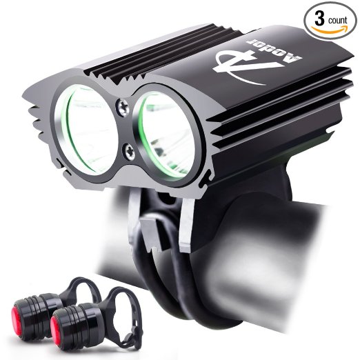 Aodor USB/DC Rechargeable Waterproof Bicycle Light - Front & Rear Combination - Ultra Bright Cree LED Headlight - with 2 Free Led Taill Light - Tools Free Installation