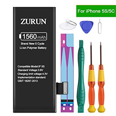 ZURUN 1560mAh High Capacity Li-ion Polymer Replacement 5S/5C Battery Compatible with iPhone 5S/5C with Repair Replacement Kit Tools Adhesive Strips 0 Cycle -2 Year Warranty (Not for iP5)