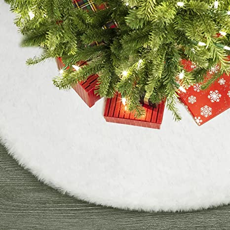 Christmas Tree Skirt 48 inch Large Christmas Tree Decorations Ornaments Snowy White Luxury Faux Fur Tree Skirt Fluffy Double Layer Xmas Tree Skirt Mat for Christmas Decorations Home Holiday Party