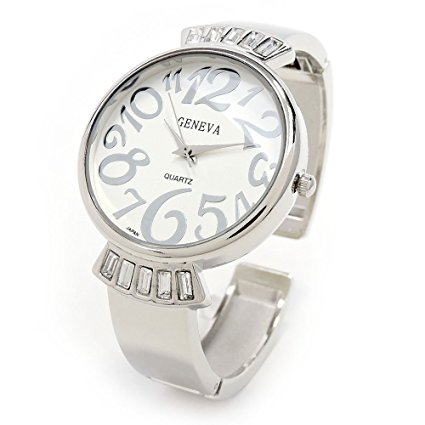 Silver Metal Crystal Band Large Face Women's Bangle Cuff Watch