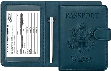 Passport and Vaccine Card Holder Combo with ( Magnetic Closure ) - HOTCOOL Leather RFID Blocking Wallet Travel Cover Case for Passport, with USA CDC Vaccination Card Slot, with Pen, Navy Blue