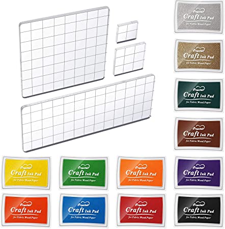 12 Pieces Craft Ink Pads Stamp Ink Pads Vibrant Color Finger Washable Ink Pad and 4 Pieces Acrylic Stamp Blocks Clear Stamping Blocks with Grid Lines for Stamping Card Making