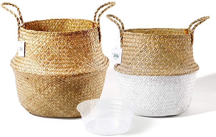 POTEY 720202 Seagrass Plant Basket Set of 2 - Hand Woven Belly Basket with Handles, Large Storage Laundry Picnic Plant Pot Cover Home Decor & Woven Straw Beach Bag (Large Extra Large, Original White)