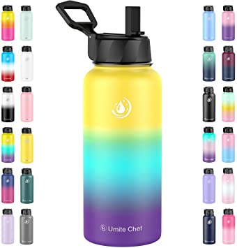 Umite Chef Water Bottle, Vacuum Insulated Wide Mouth Stainless-Steel Sports Water Bottle with New Wide Handle Straw Lid,Hot Cold, Double Walled Thermo Mug