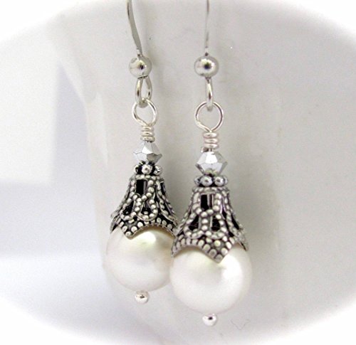 White Simulated Pearl Earrings Steampunk Antiqued Silver-tone by Hawaiibeads Jewelry with Crystals from Swarovski