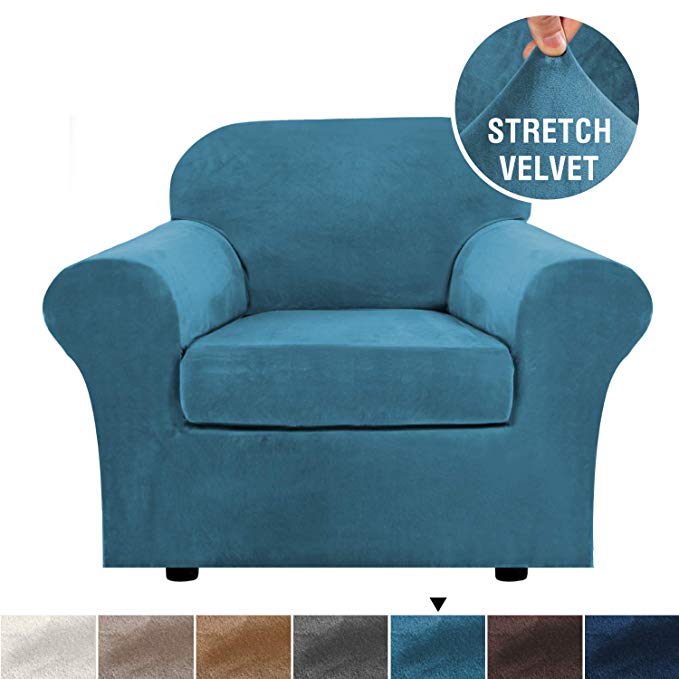 H.VERSAILTEX Rich Velvet Stretch 2 Piece Chair Cover Chair Slipcover Sofa Cover Furniture Protector Couch Soft with Elastic Bottom Chair Couch Cover with Arms, Machine Washable(Chair,Peacock Blue)