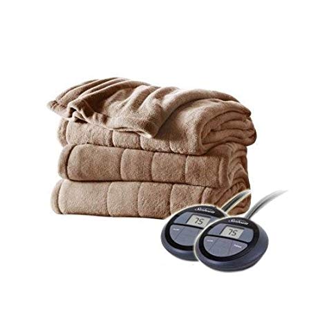 Sunbeam Channeled Velvet Plush Electric Heated Blanket King Size Seashell