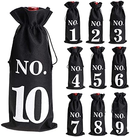 Hipiwe Pack of 10 Burlap Wine Bags for Blind Wine Tasting - Numbered Wine Bottle Gift Bags Covers with Drawstring, Reusable Wine Sack Bag for Wedding, Party, Christmas (Black)