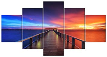 Pyradecor Sunset Bridge Large Modern 5 Piece Gallery Wrapped Seascape Artwork Giclee Canvas Prints Red and Blue Landscape Pictures Paintings on Canvas Wall Art for Home Decor L