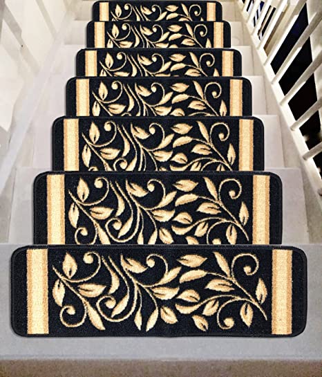 Gloria Anti-Slip Stair Treads Pet Friendly Stairway mats Anti-Skid Rubber Back Floral Design Stair Grippers (15, Black)