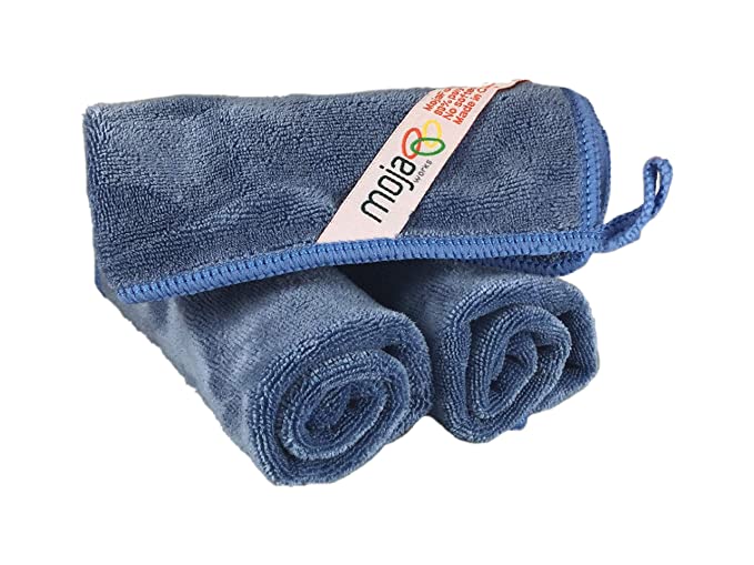 MojaWorks Microfiber Face Cloth Cleaning - Heavy Duty Stitching, Dual Purpose, Ultra Dense, Exfoliate Skin, Cleanse Pores - Easily Remove Makeup Dead Skin Cells - 3 Pack Measures 12" x12" (Dark Blue)