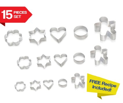 Cookie Cutters 15 PIECE SET by Immys - HIGH QUALITY Biscuit Cutter Set With FREE RECIPE - Create Perfect Shaped Cookies - Star Round Heart Gingerbread Man Flower - Mini Cookie Cutters For Kids