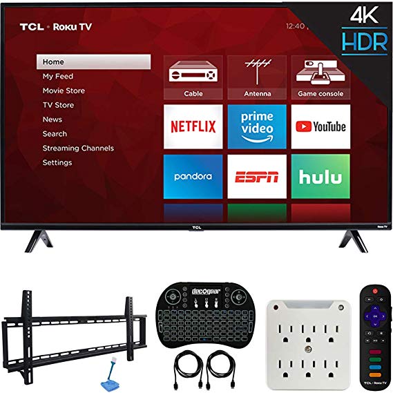 TCL 55S425 55-inch 4-Series 4K Ultra HD Roku Smart TV (2019 Model) Bundle with 37-70-inch Low Profile Wall Mount Kit, Deco Gear Wireless Keyboard and 6-Outlet Surge Adapter with Night Light