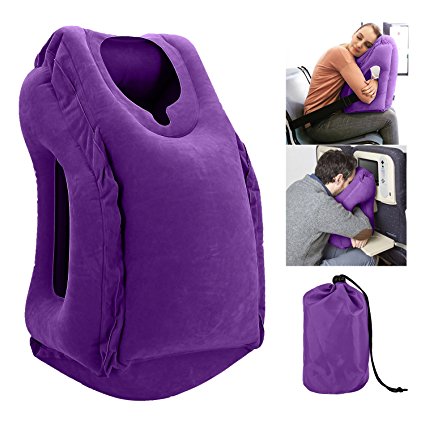 Proteove Inflatable Travel Pillow - Ergonomic Design for Head & Neck Support Rest Pillow - Portable for Travel, Office Napping, Business Trip - Achieve True Sleep in Car, Plane or Train (Purple)