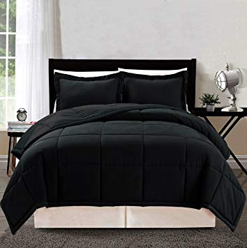 3 piece Luxury BLACK Goose Down Alternative Comforter Set, Queen Duvet Insert.