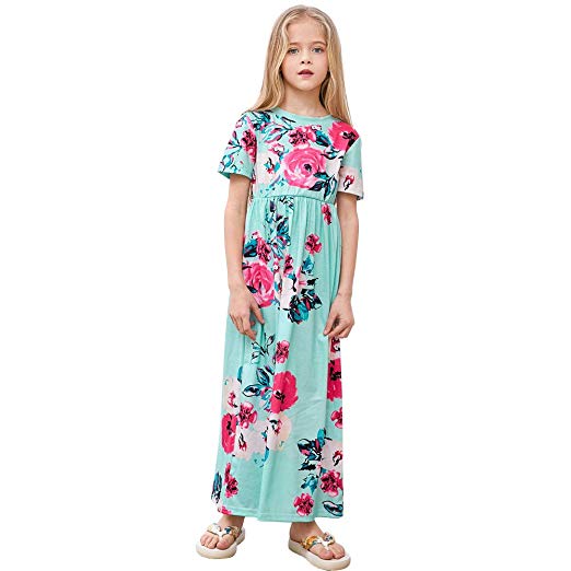 Beinou Girls Short Sleeve Floral Maxi Dress Summer Holiday Causal Long Dress with Pockets