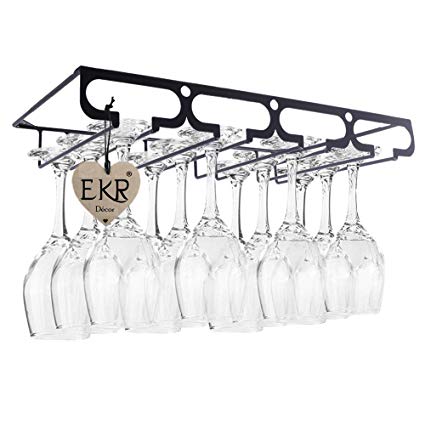 EKR Under cabinet wine glass rack holder dining storage dinner stemware racks organizer for home kitchen bar counter cup closet 4 rows shelves glassware stainless metal (4 Rows, Black)