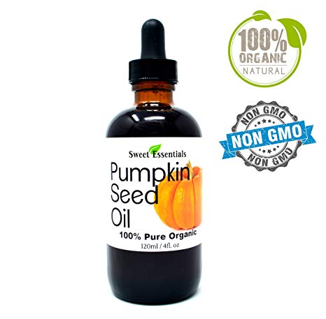 Organic Virgin Pumpkin Seed Oil | Imported From Austria | Various Sizes | 100% Pure| Unrefined | Cold-Pressed | Natural Moisturizer for Skin, Hair & Face | By Sweet Essentials (4 fl oz Glass)