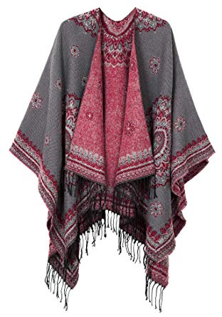 Women's Fashionable Retro Style Vintage Pattern Tassel Poncho Shawl Cape