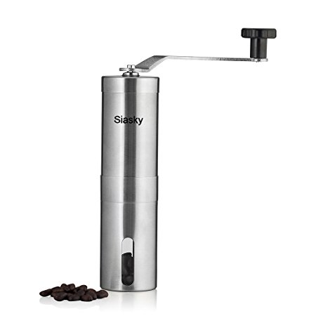 Siasky Manual Coffee Grinder Mill with Ceramic Conical Adjustable Burr, Portable Hand Crank Brushed Stainless Steel Coffee Miller